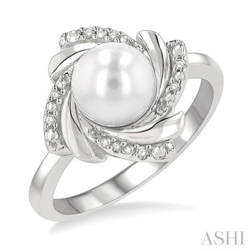 7x7 MM Round Shape Cultured Pearl and 1/50 Ctw Swirl Round Cut Diamond Ring in Sterling Silver